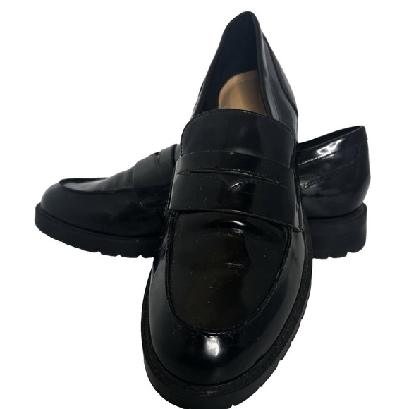 Nine West Shoes - Nine West Maibel Black Patent Slip on Penny Loafer Lug Sol 7.5M Classic Academia
